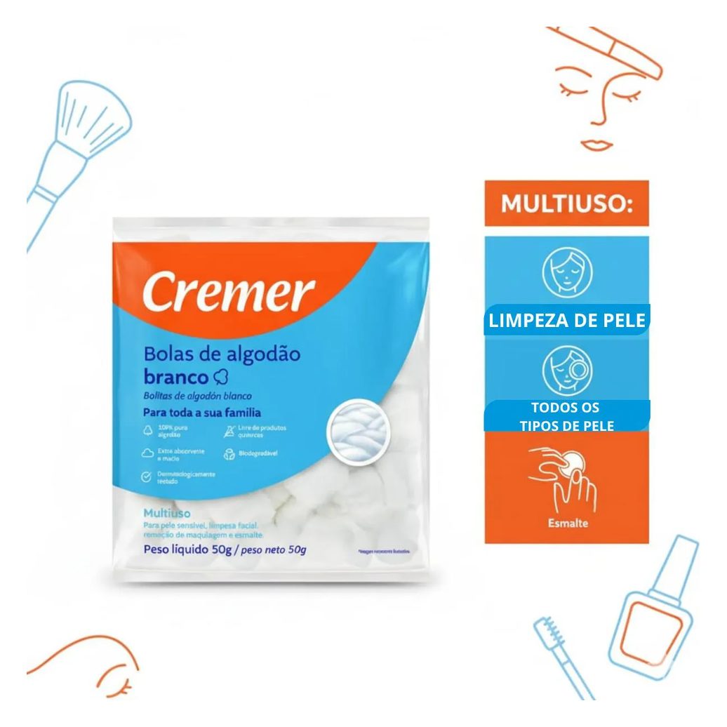 Algodão Bola Branco Cremer 50G Puro Pacote Unhas - Curativo