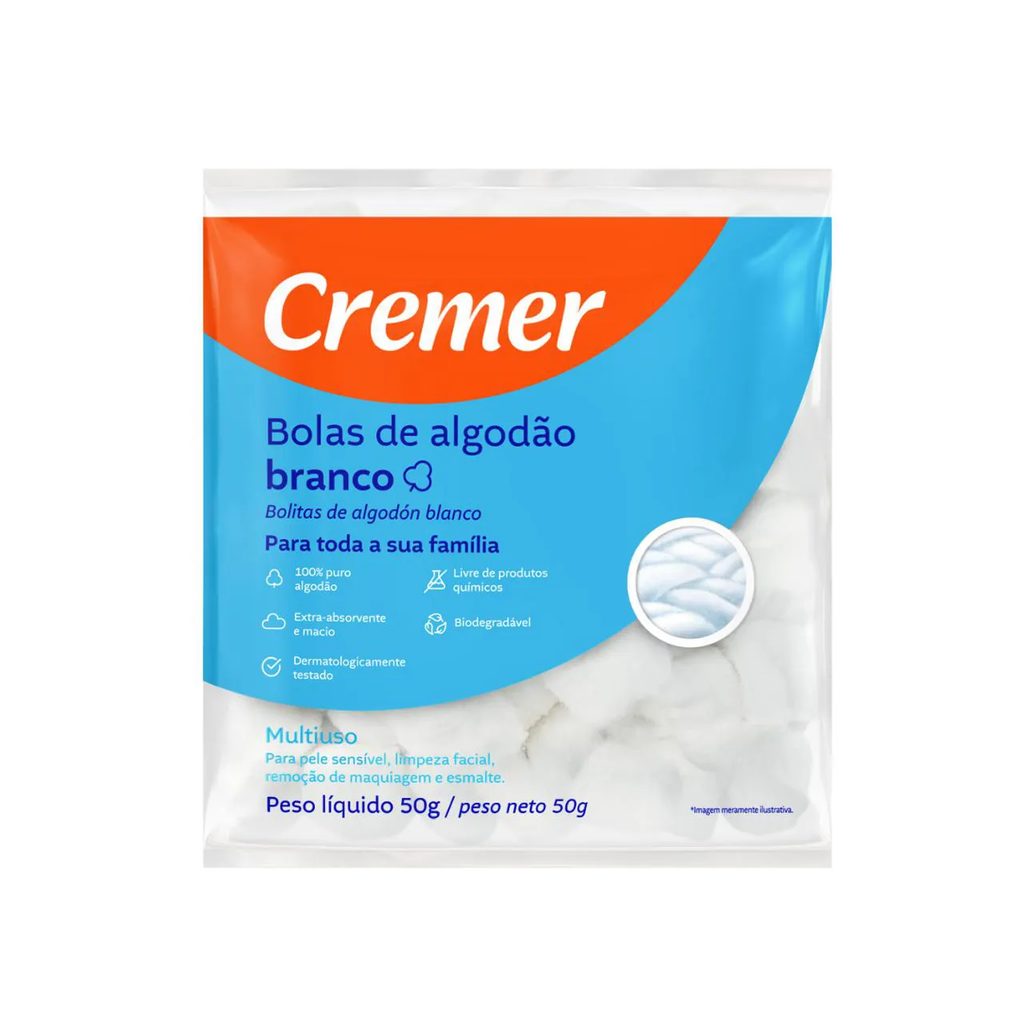 Algodão Bola Branco Cremer 50G Puro Pacote Unhas - Curativo