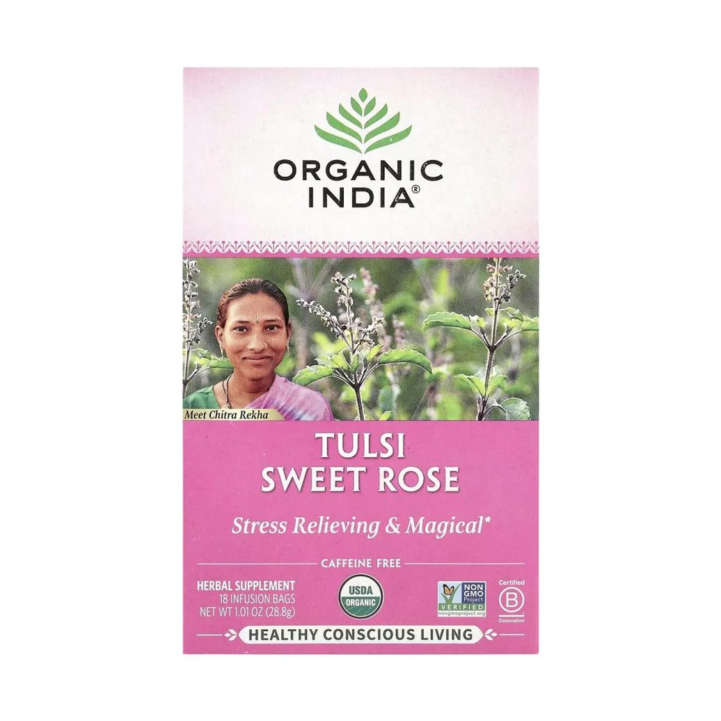 Chá Tulsi Sweet Rose sem Cafeína 18 Sachês de Infusão 32,4G - Organic India