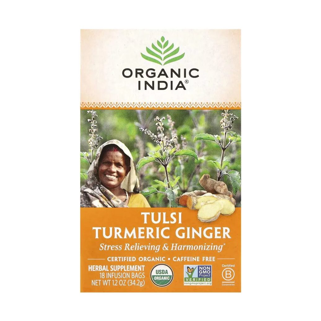 Chá Tulsi de Cúrcuma e Gengibre sem Cafeína 18 Sachês de Infusão 32,4G - Organic India