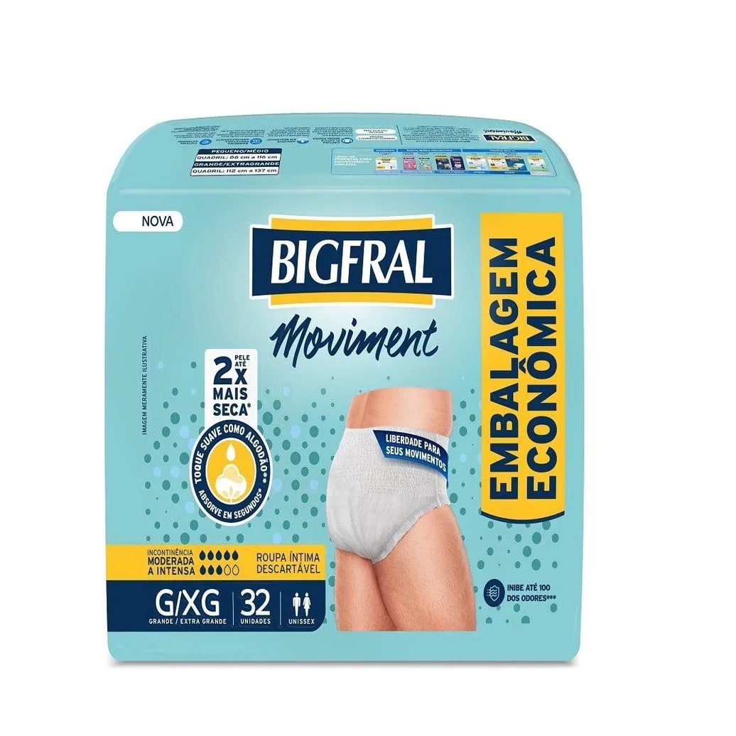 Fralda Descartável Adulto Bigfral Roupa Íntima Moviment Tamanho G/xg - 4 Pacotes com 32 Fraldas - Total 128 Tiras
