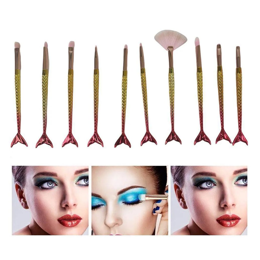 Pincel Sereia 10Pçs Sombra Delineador Iluminador Make Up