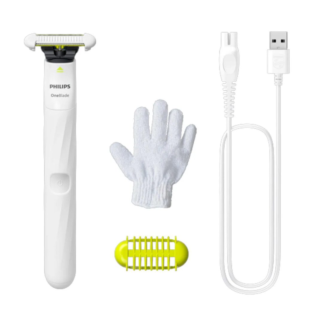Depilador Philips OneBlade Intimate 1 unidade de lâmina Skin Protect + 1 pente corporal 3mm + 1 luva de esfoliação