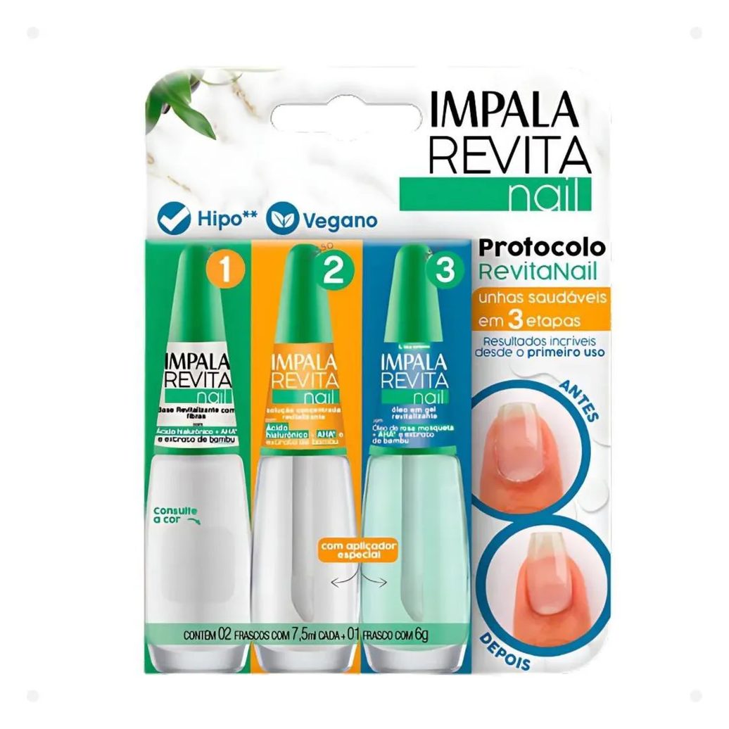 Kit Impala Revita Nail: Base Revitalizante com Fibras, Solução Concentrada e Óleo em Gel