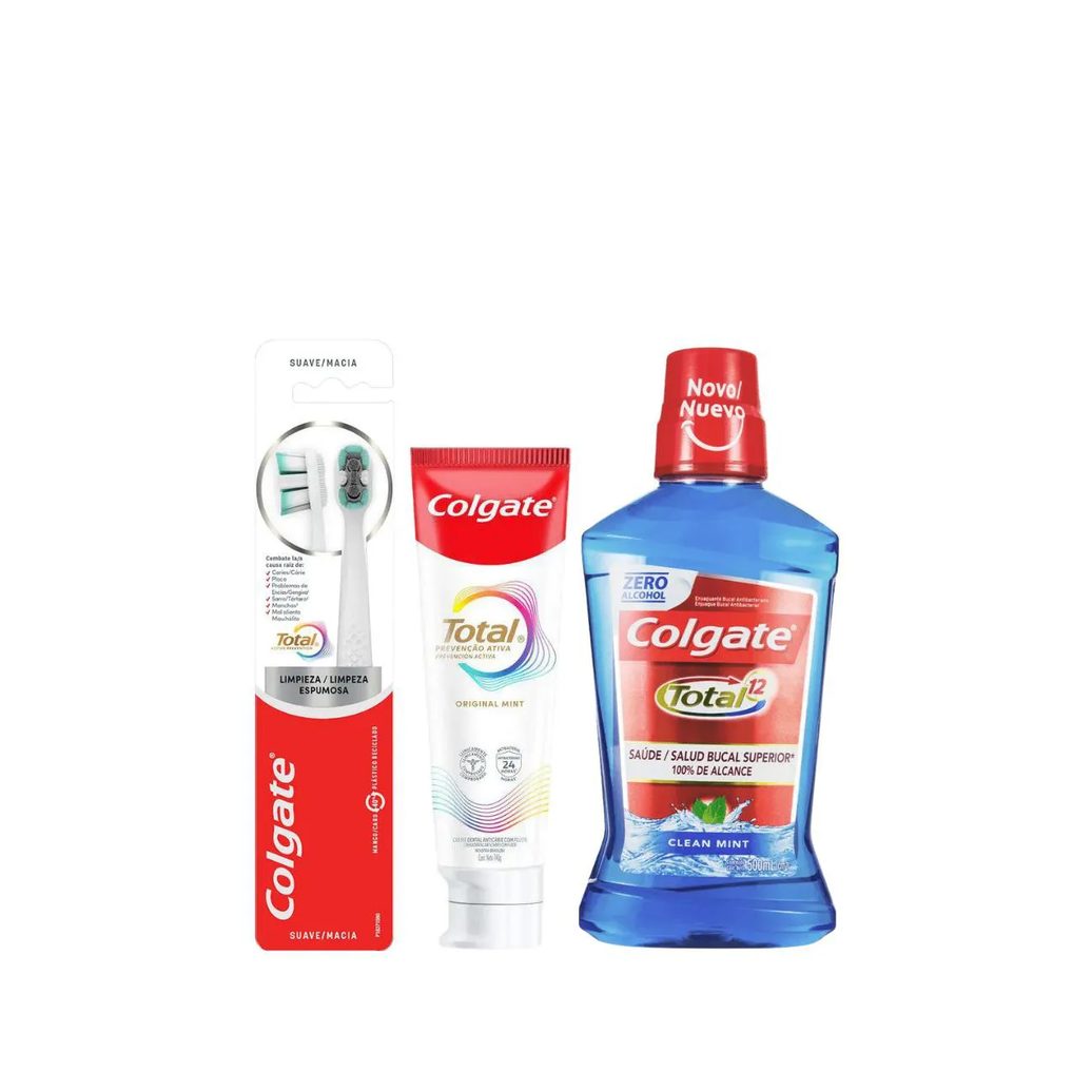 Kit Colgate Total Creme Dental Prevenção Ativa Original Mint 140g + Escova de Dente Macia 2 unidades + Enxaguante Bucal Sem Álcool Clean Mint 500ml