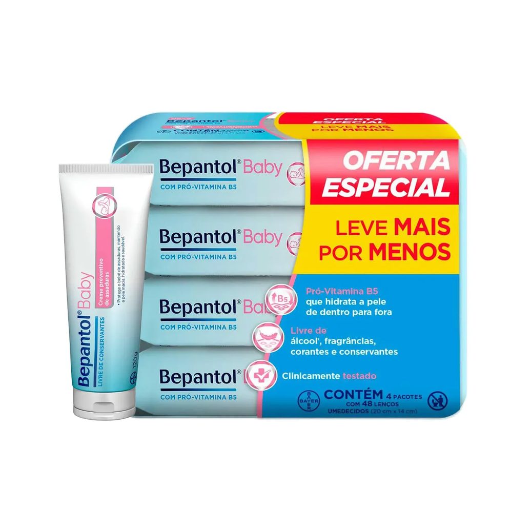 Kit Bepantol Baby Lenço Umedecido Pró Vitamina B5 4 pacotes 48 unidades cada + Creme para Assaduras 120g
