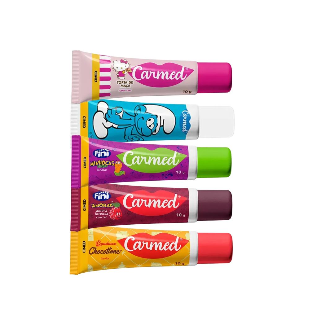 Kit Carmed Hidratante Labial Chocottone 10g + Hello Kitty Maçã do Amor 10g + Os Smurfs Blueberry 10g + Fini Amoras Intensas 10g + Fini Minhocas Azedinhas 10g