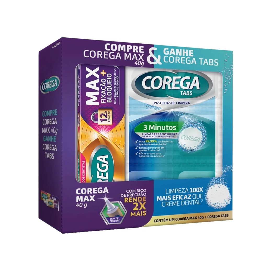 Kit Corega Creme Fixador de Dentadura Max 40g + Pastilha de Limpeza Tabs 1 unidade