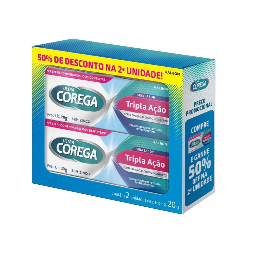 Kit Creme Fixador de Dentadura Corega Ultra Tripla Ação Sem Sabor 20g 2 unidades