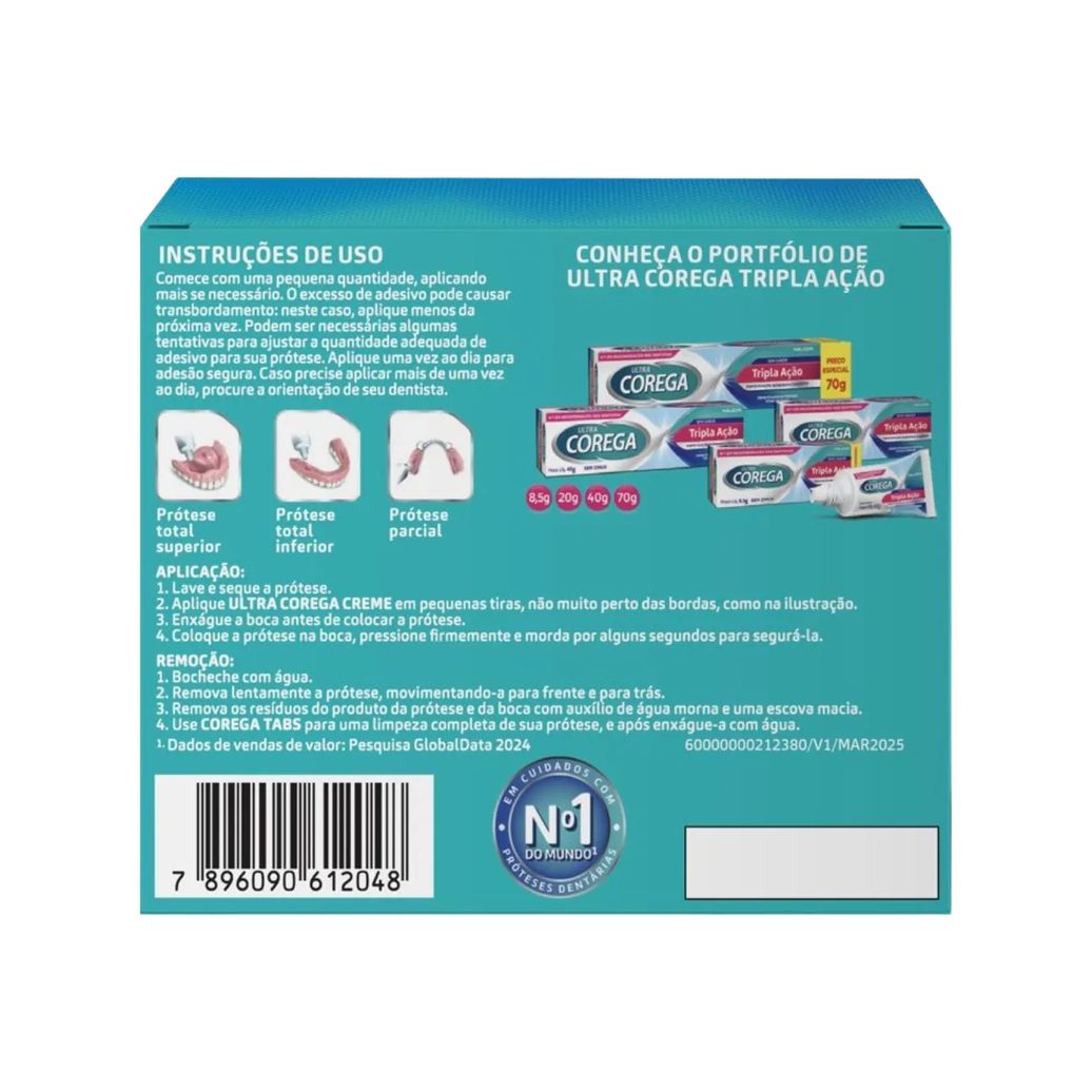 Kit Creme Fixador de Dentadura Corega Ultra Tripla Ação Sem Sabor 20g 2 unidades