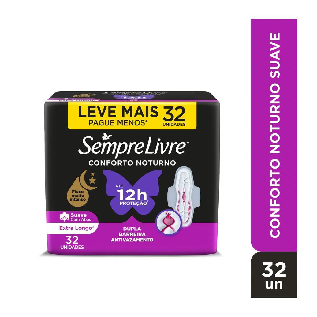 Absorvente Sempre Livre Conforto Noturno Cobertura Suave Com Abas 32 unidades
