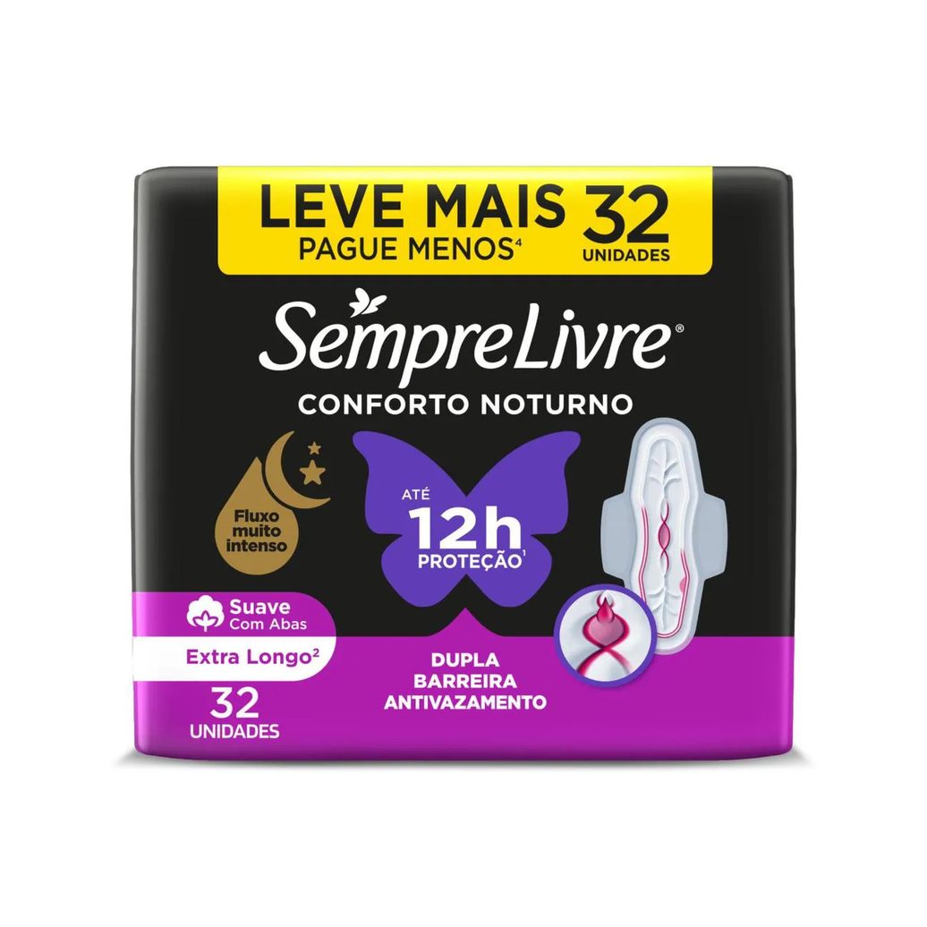 Absorvente Sempre Livre Conforto Noturno Cobertura Suave Com Abas 32 unidades