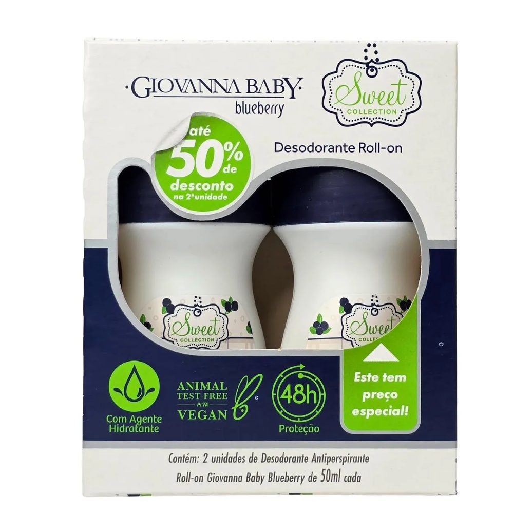 Kit 2 Desodorante Roll-On Blueberry 48H Vegano Giovanna Baby 50Ml Cada