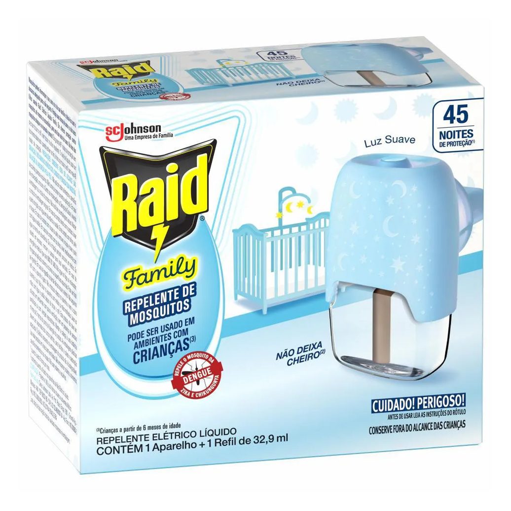 Pack Repelente Elétrico Líquido Raid 45 Noites Family + Refil 32,9Ml