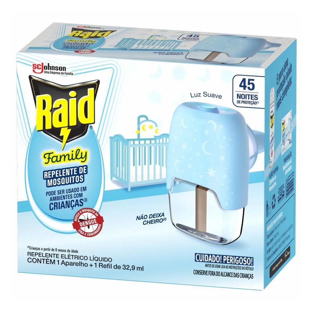Pack Repelente Elétrico Líquido Raid 45 Noites Family + Refil 32,9Ml