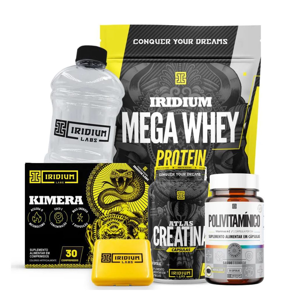 Mega Whey + Kimera Thermo 30 Comps + Atlas Creatina 60 Cáps + Polivitamínico 30 Caps + Galão Cristal 950Ml + Porta Cáps Morango