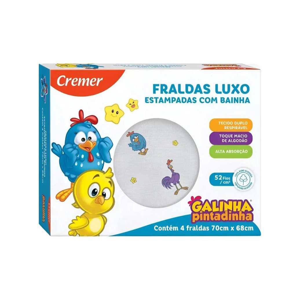 Fralda de Pano Cremer com Bainha Galinha Pintadinha 04 Unid