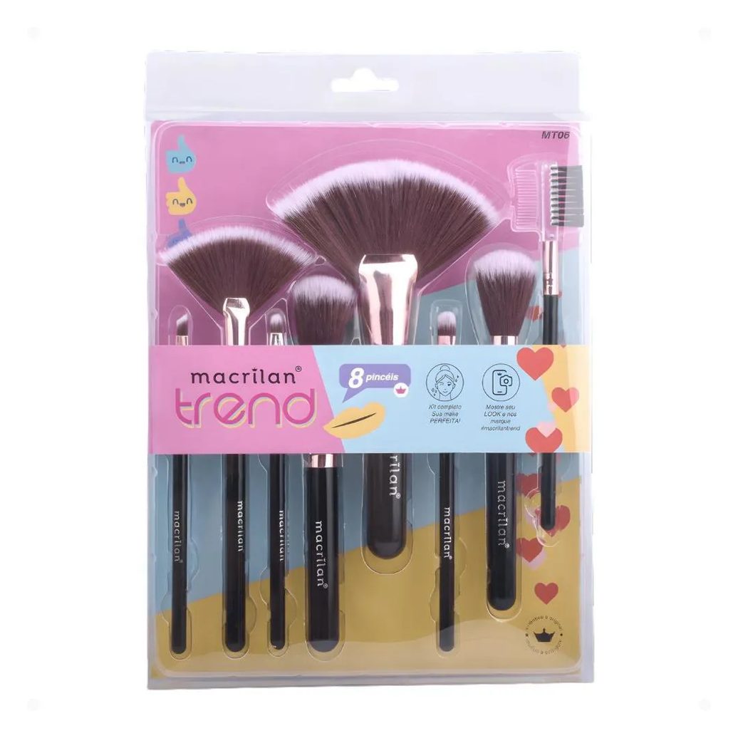 Kit com 8 Pincéis Macrilan Trend Preto Mt06