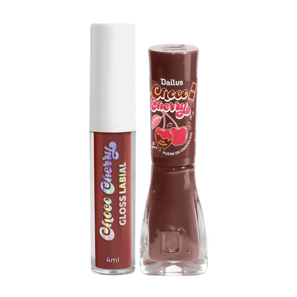 Kit Dailus Choco Cherry Pudim de Chocolate: Gloss Labial 4Ml e Esmalte Cremoso 8Ml