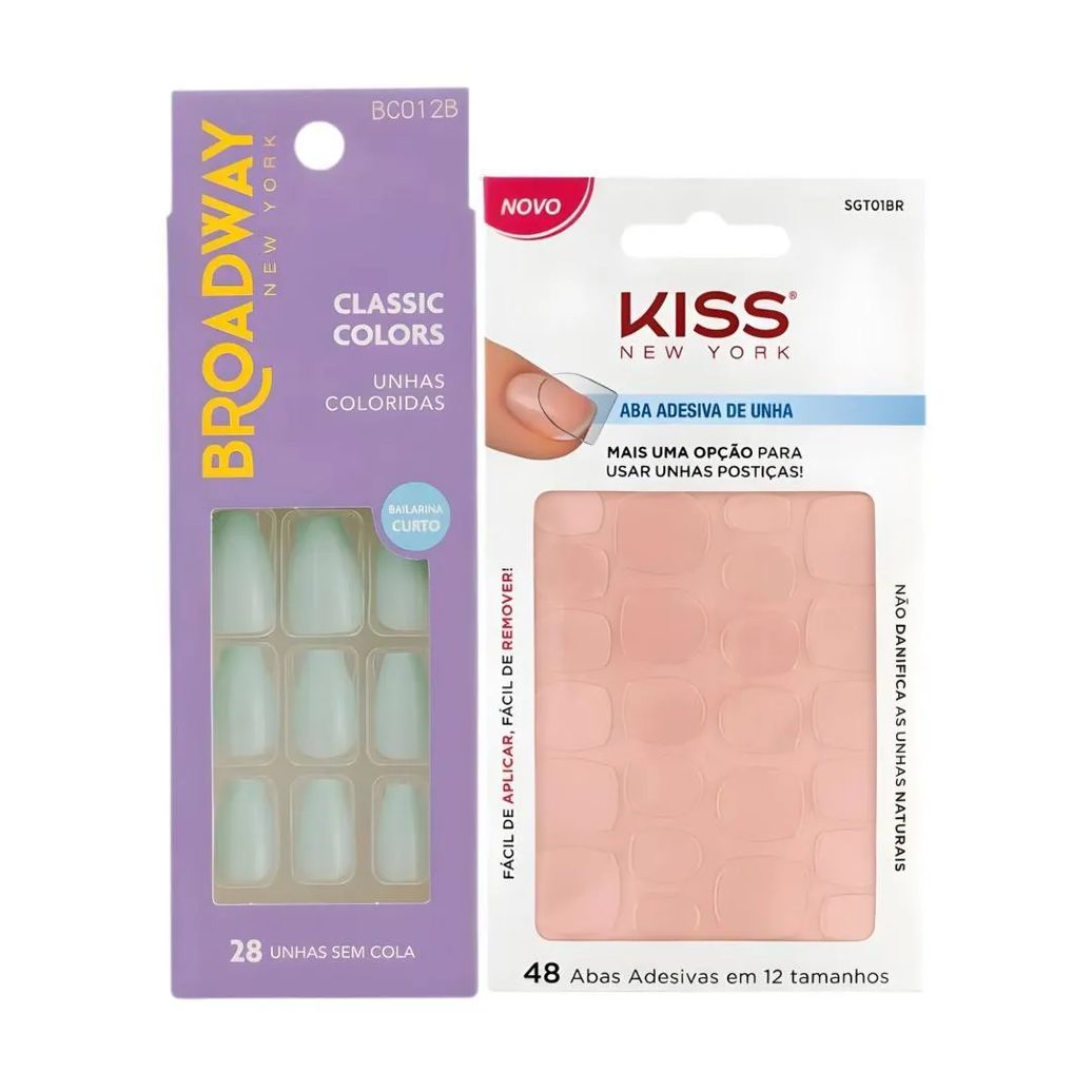 Kit Kiss New York: Unhas Postiças Bailarina Curto Bordeaux e Abas Adesivas de Unhas