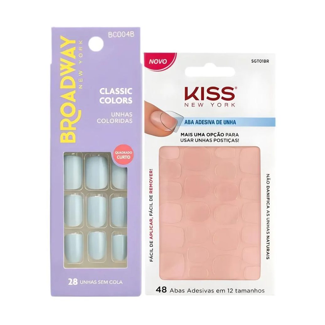 Kit Kiss New York: Unhas Postiças Quadrado Curto Lipstick e Abas Adesivas de Unhas