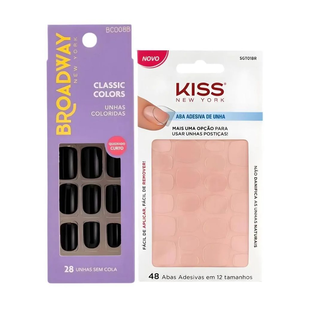 Kit Kiss New York: Unhas Postiças Quadrado Curto Matcha e Abas Adesivas Unhas
