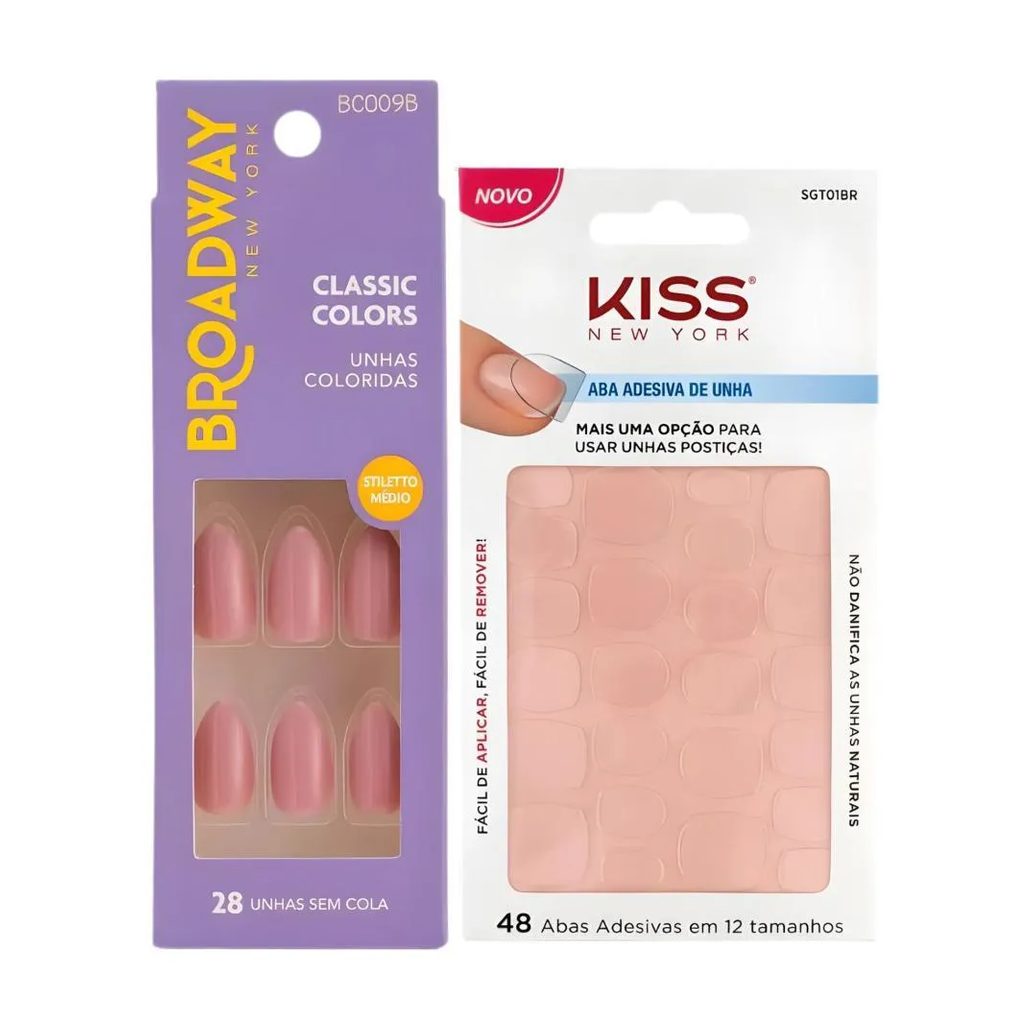 Kit Kiss New York: Unhas Postiças Stiletto Médio Forest e Abas Adesivas de Unhas
