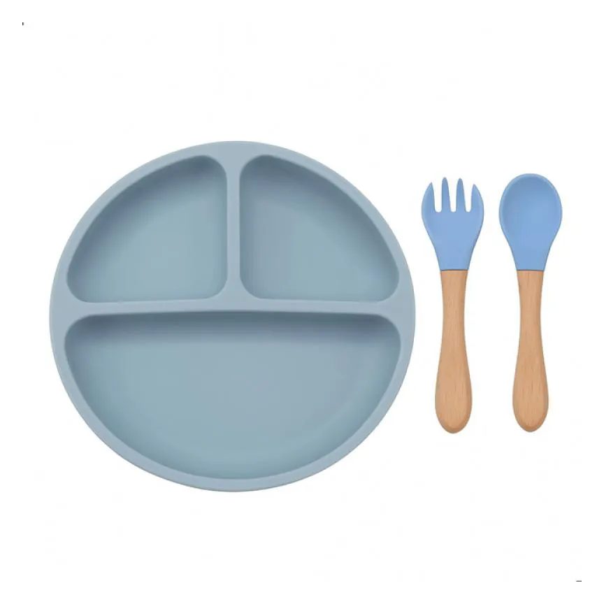 Conjunto Refeição Infantil Silicone 3 Peças Prato com Divisórias + Colher Garfo Treinamento do Bebê Antiderrapante Azul