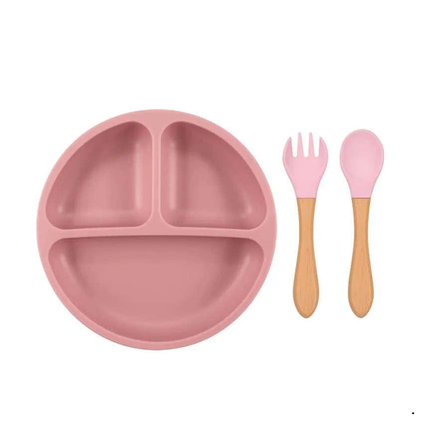 Conjunto Refeição Infantil Silicone 3 Peças Prato com Divisórias + Colher Garfo Treinamento do Bebê Antiderrapante Rosa