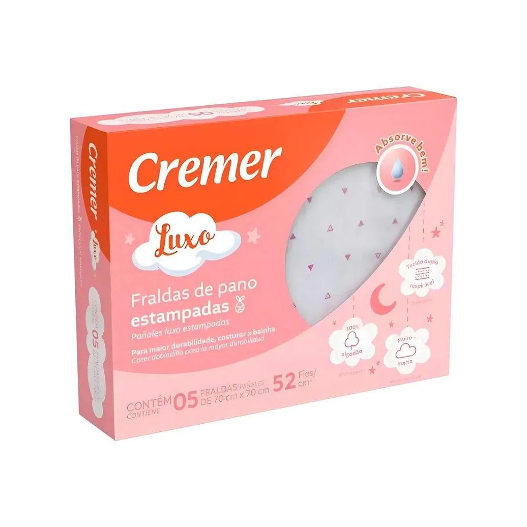 Fralda de Pano Cremer Estampa Rosa com Bainha 05 Unid.