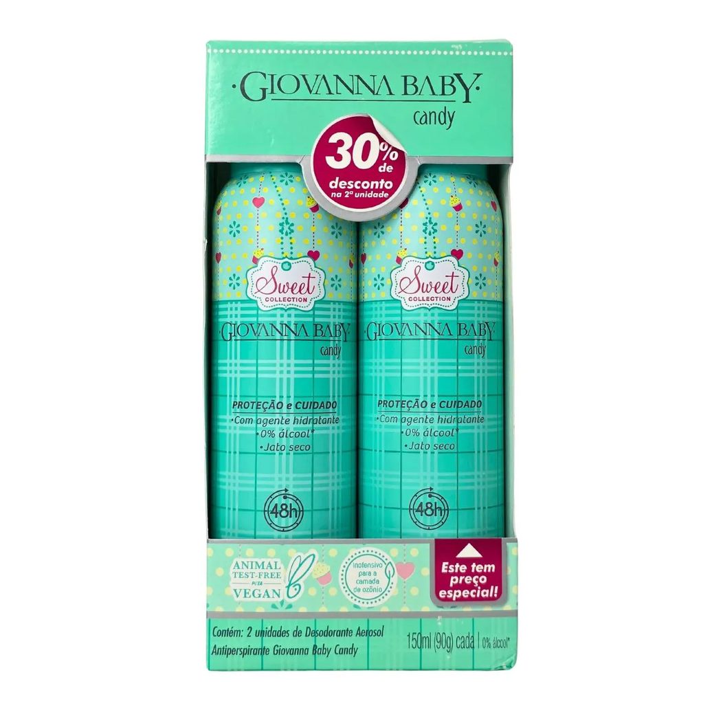 Kit 2 Desodorante Aerossol Candy 48H Vegano Giovanna Baby 150Ml / 90G Cada