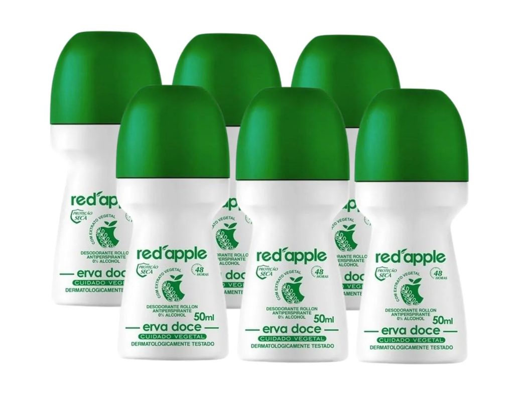 Kit 6 Desodorante Red Apple Roll On Erva Doce 50Ml