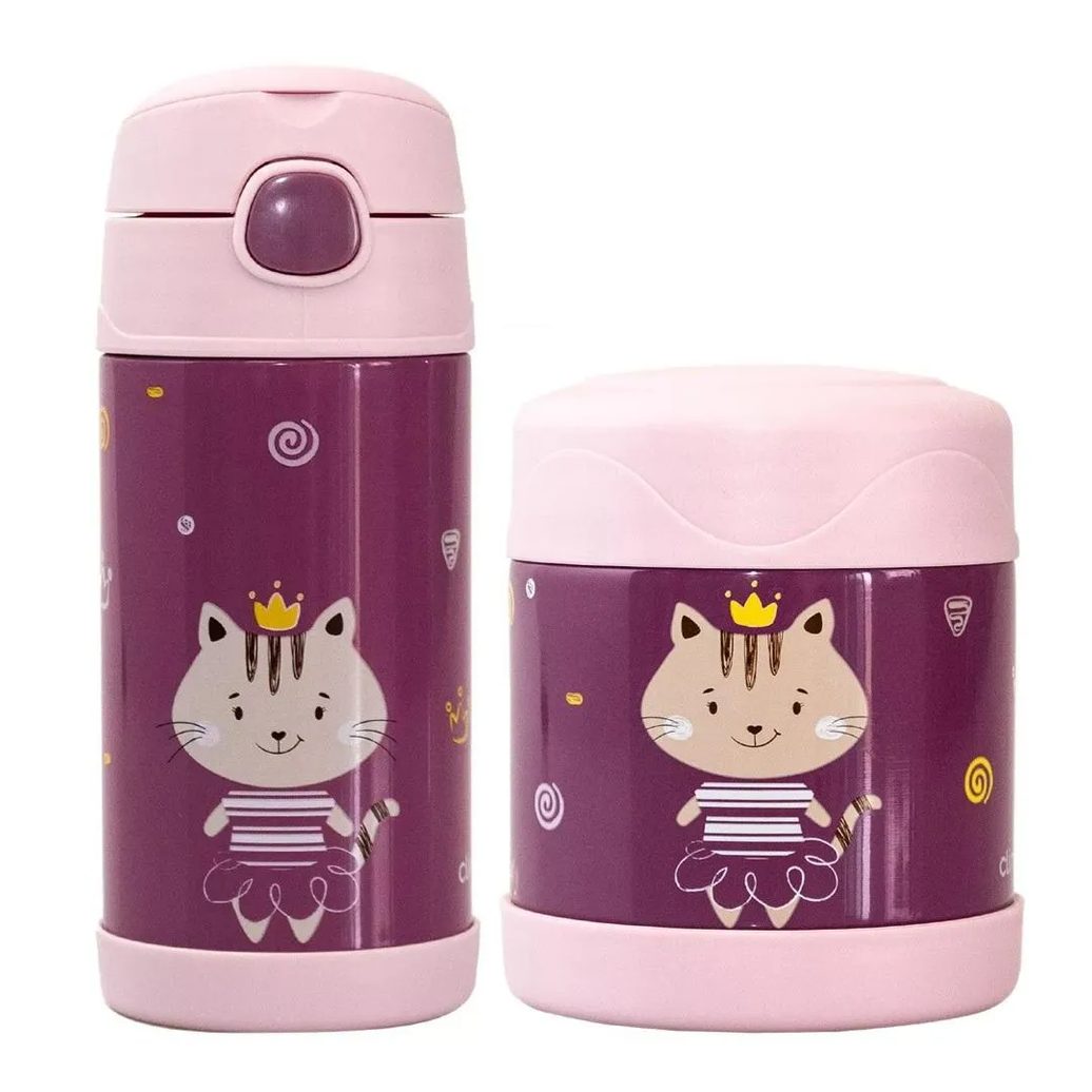 Garrafinha Térmica com Canudo 310Ml + Pote Térmico 330Ml Milke Rosa Clingo