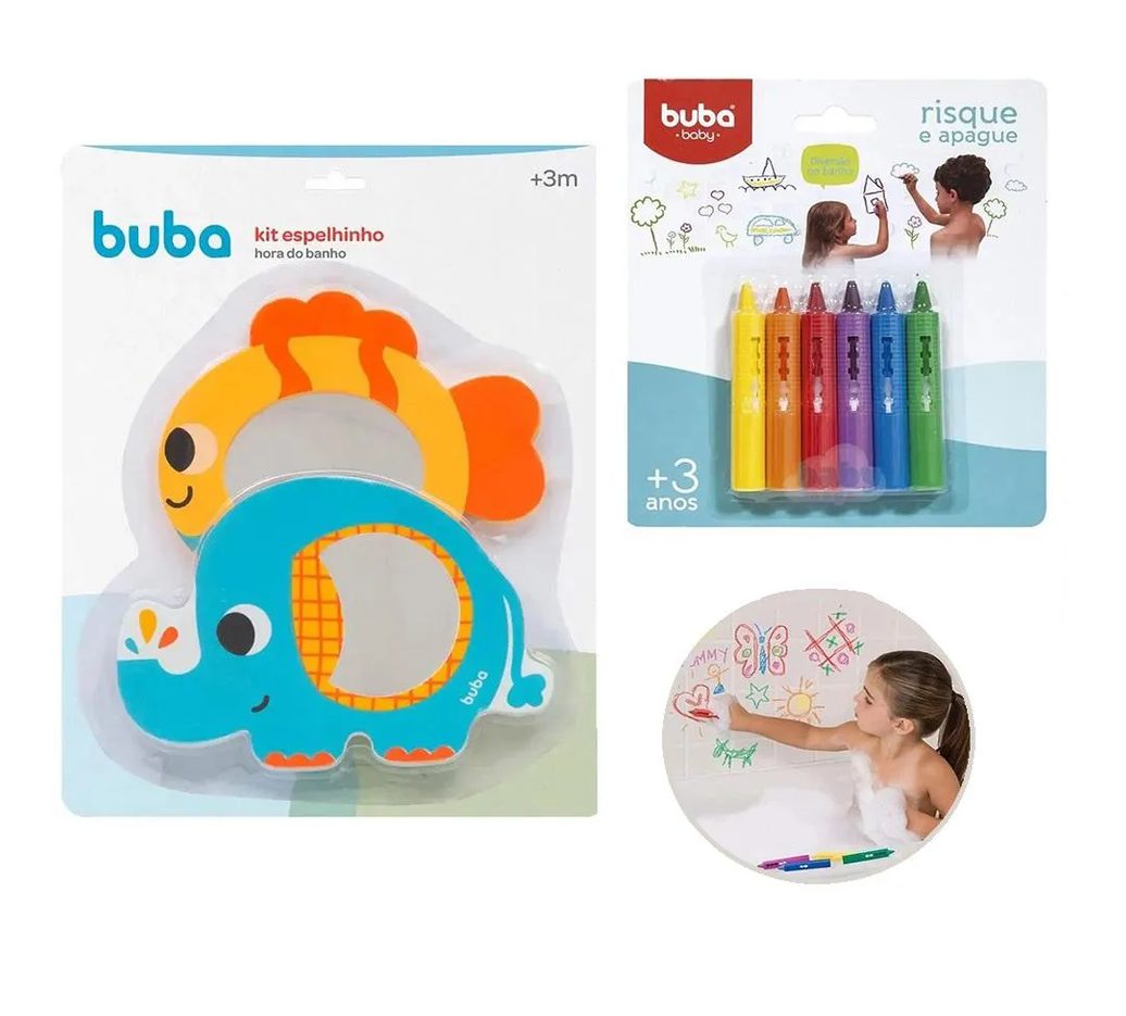 Kit Espelhinhos para Banho 2Und + Giz de Banho Risque e Apague 6 Cores Buba