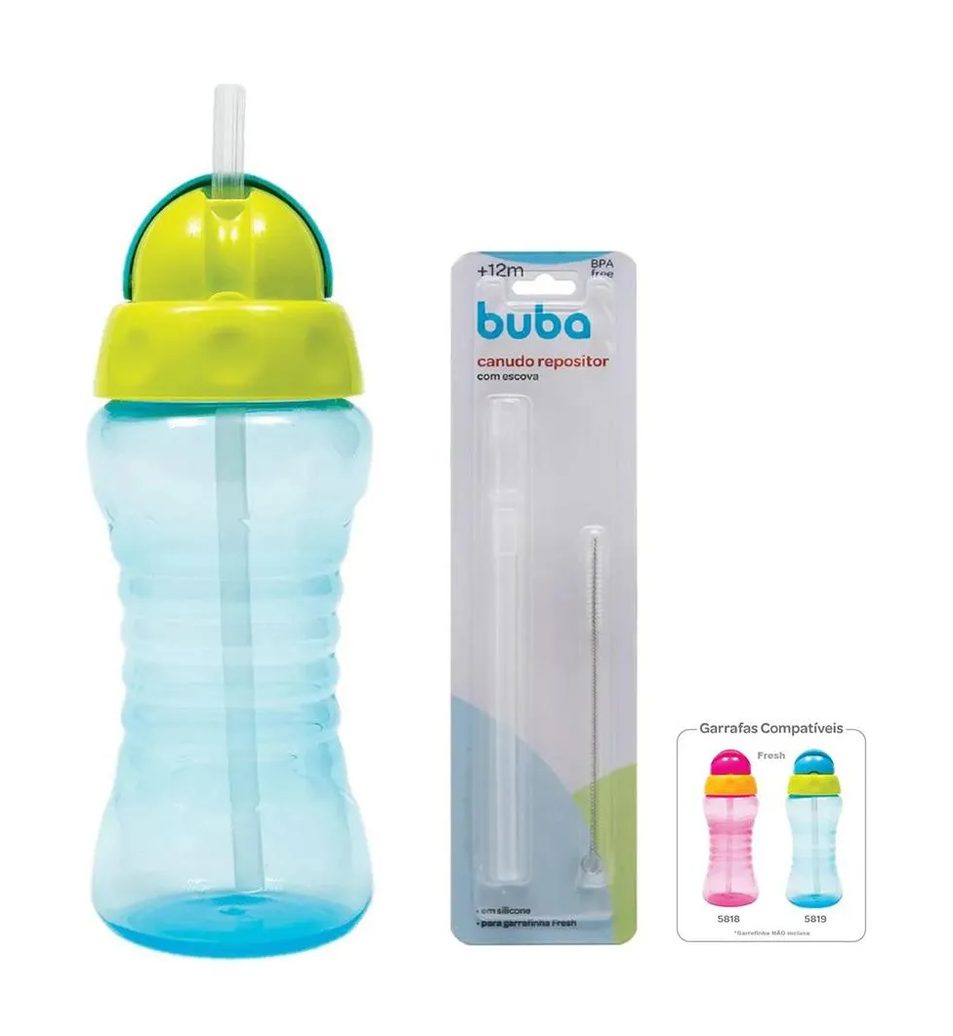 Kit Garrafinha Fresh com Canudo Silicone 300Ml + Canudo com Escova Buba