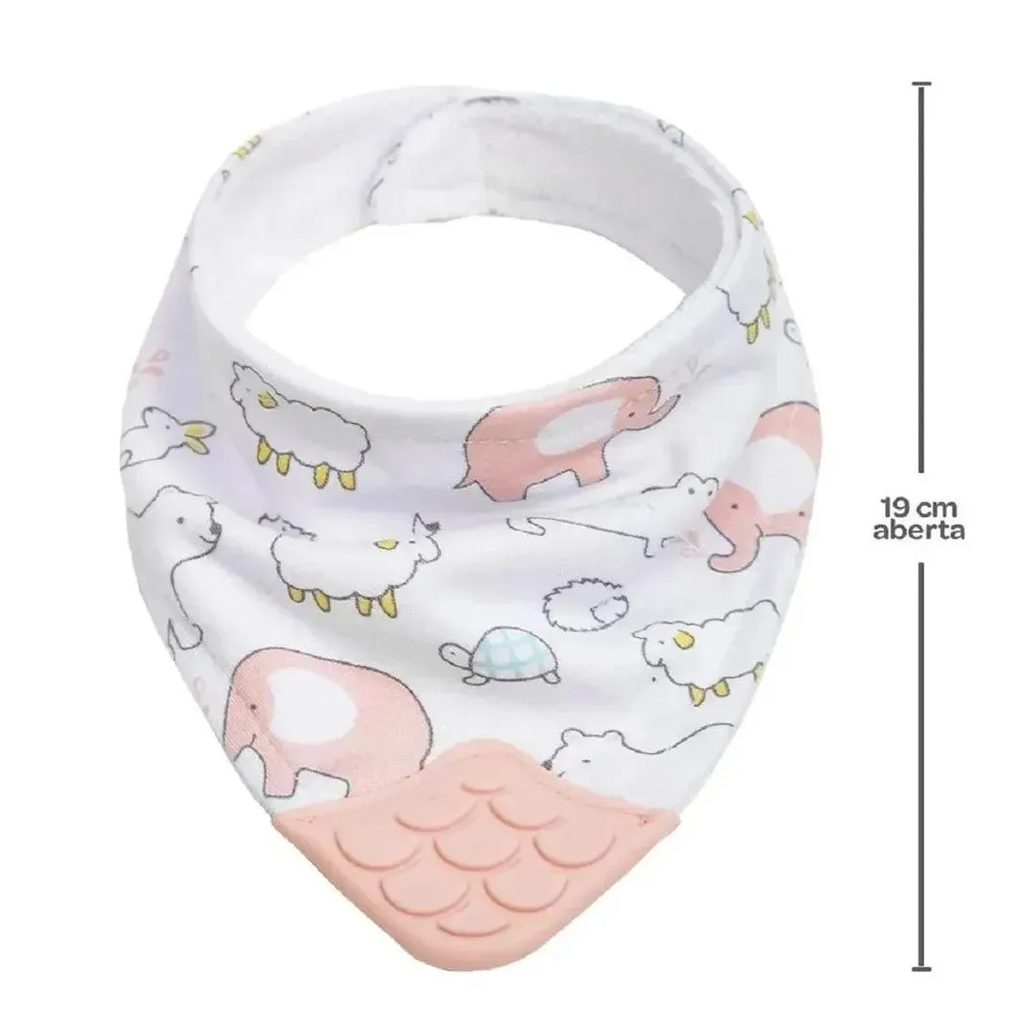 Kit Joelheira Infantil Antiderrapante +6M + Babador Bandana C/Mordedor Animais Rosa Buba
