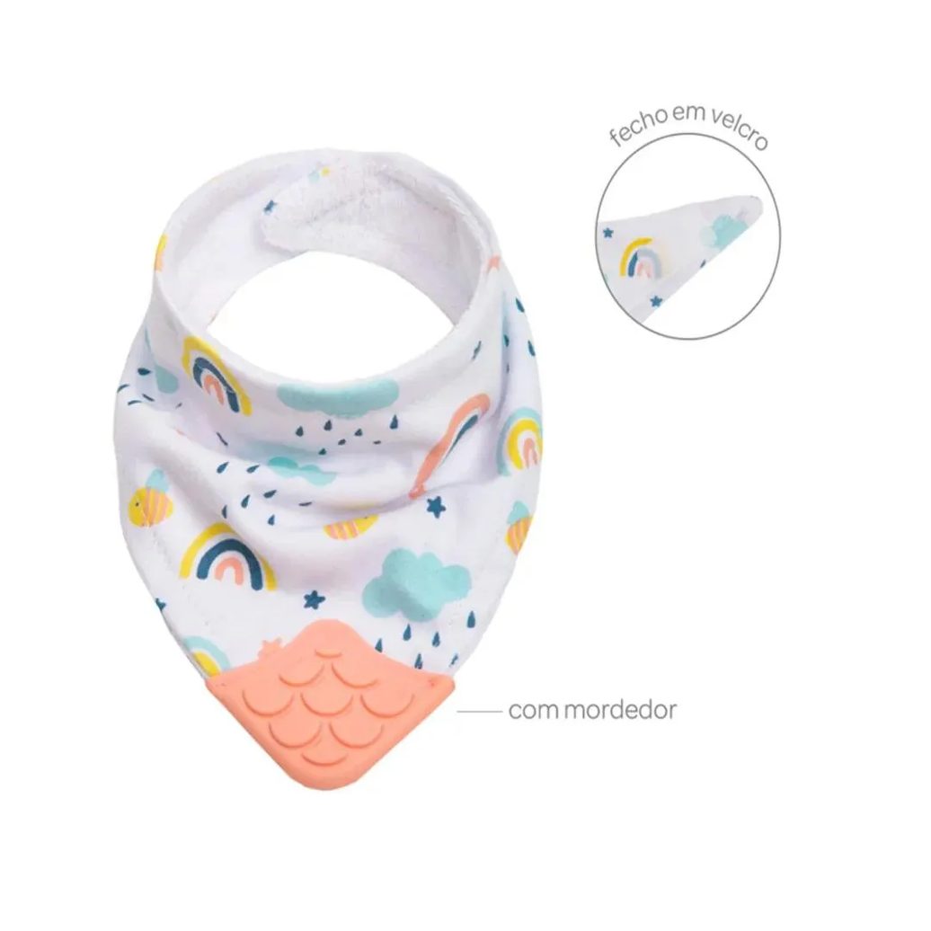 Kit Joelheira Infantil Antiderrapante +6M + Babador Bandana C/Mordedor Arco-Íris Buba