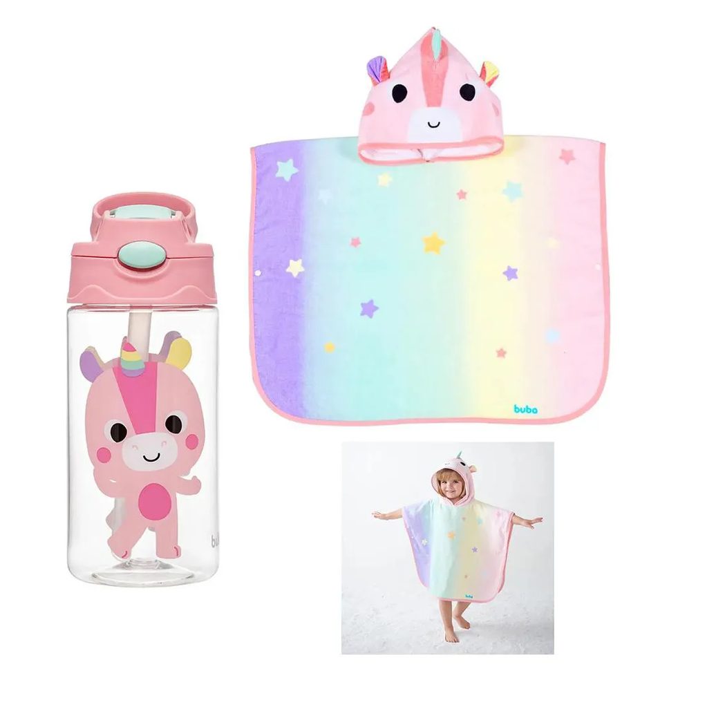 Kit Toalha Poncho + Garrafinha Tritan Canudo 450Ml Unicórnio Buba