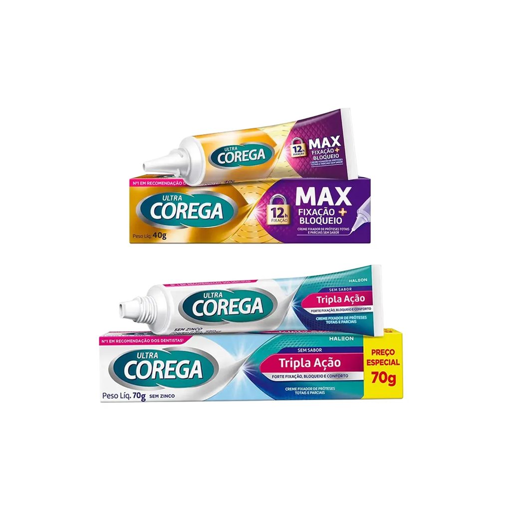 Kit Creme Fixador de Dentadura Corega Ultra Tripla Ação Sem Sabor 70g + Max Fixação 40g