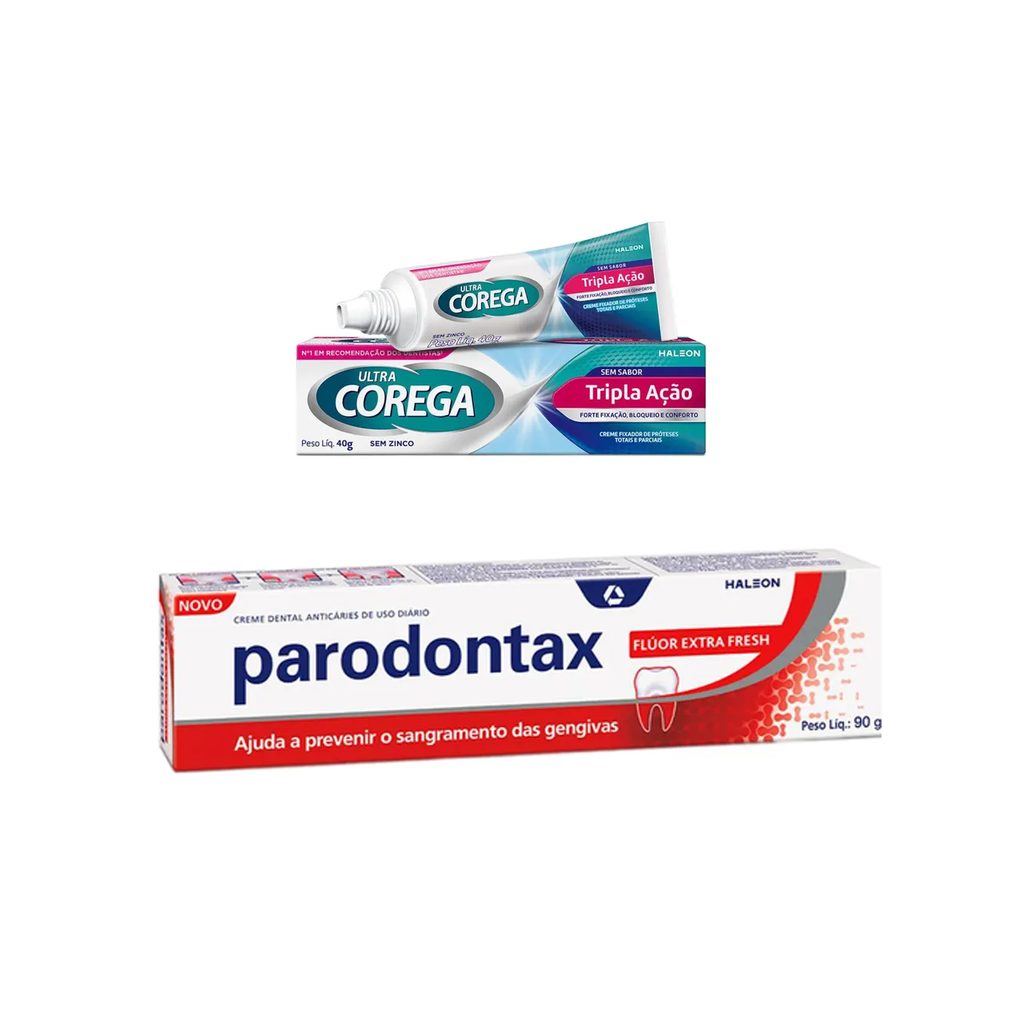 Kit Creme Fixador de Dentadura Ultra Corega Tripla Ação Sem Sabor 40g + Creme Dental Parodontax Flúor Extra Fresh 90g