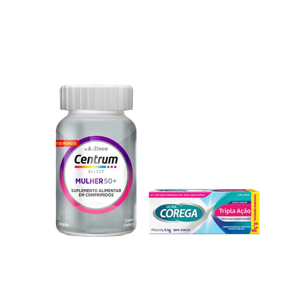 Kit Creme Fixador de Dentadura Ultra Corega Tripla Ação Sem Sabor 8,5g + Polivitamínico Centrum Select Mulher 50+ 60 comprimidos