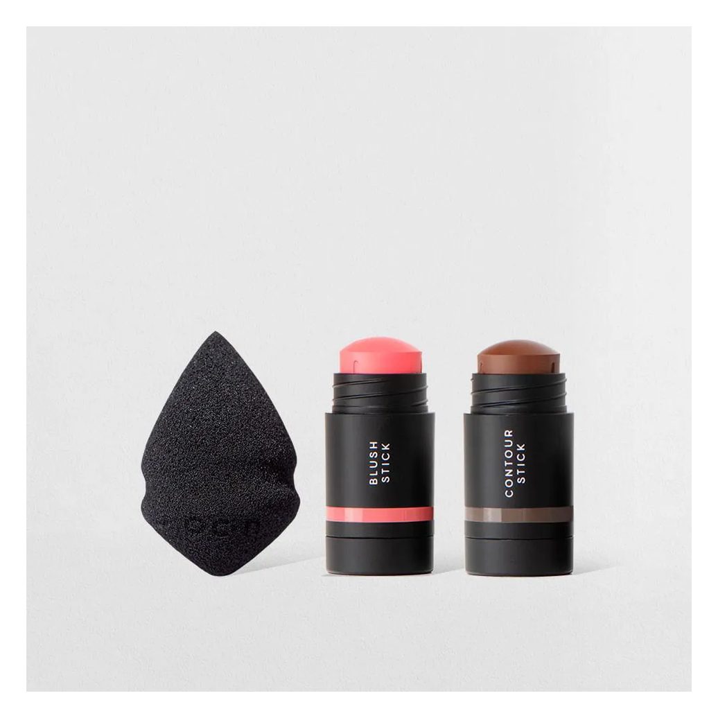 Kit Mini Blush em Bastão Rosa + Mini Contorno em Bastão Marrom Escuro + Mini Esponja de Maquiagem Océane Edition (3 Produtos)