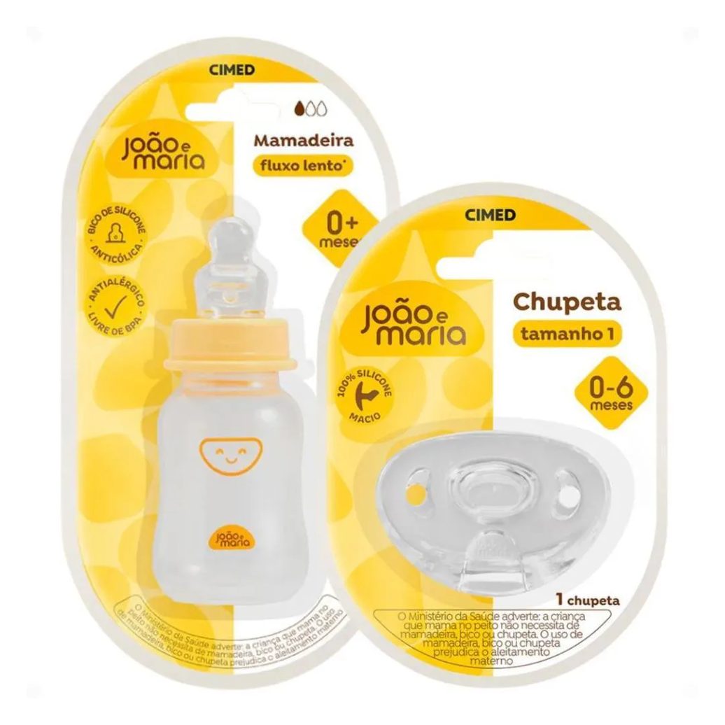 Kit Cimed João e Maria 0-6 Meses: Mamadeira Fluxo Lento 120Ml e Chupeta de Silicone Tamanho 1