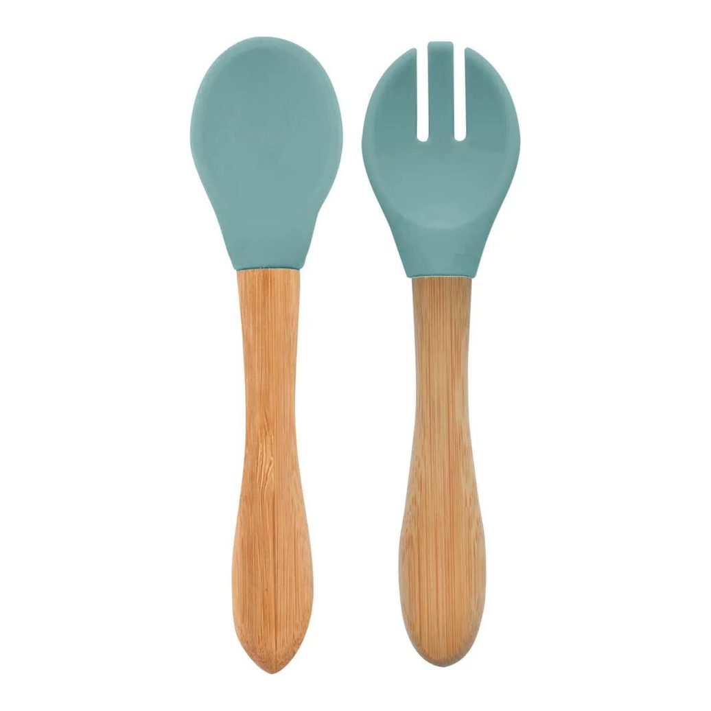 Colher e Garfo Silicone e Bambu Dig In Aqua Green - Minikoioi