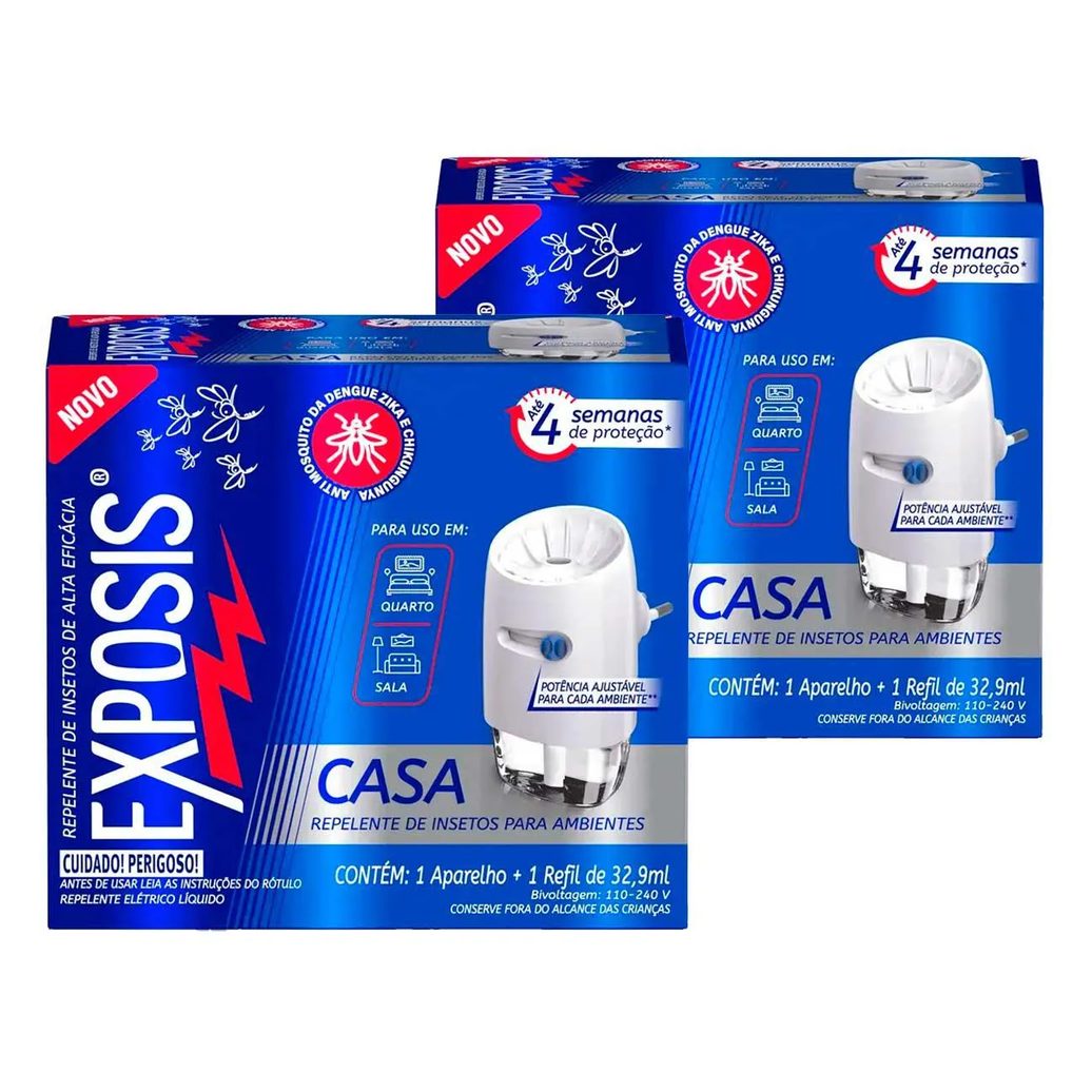 2 Aparelhos Repelente Elétrico + Refil Exposis Casa 32,9Ml
