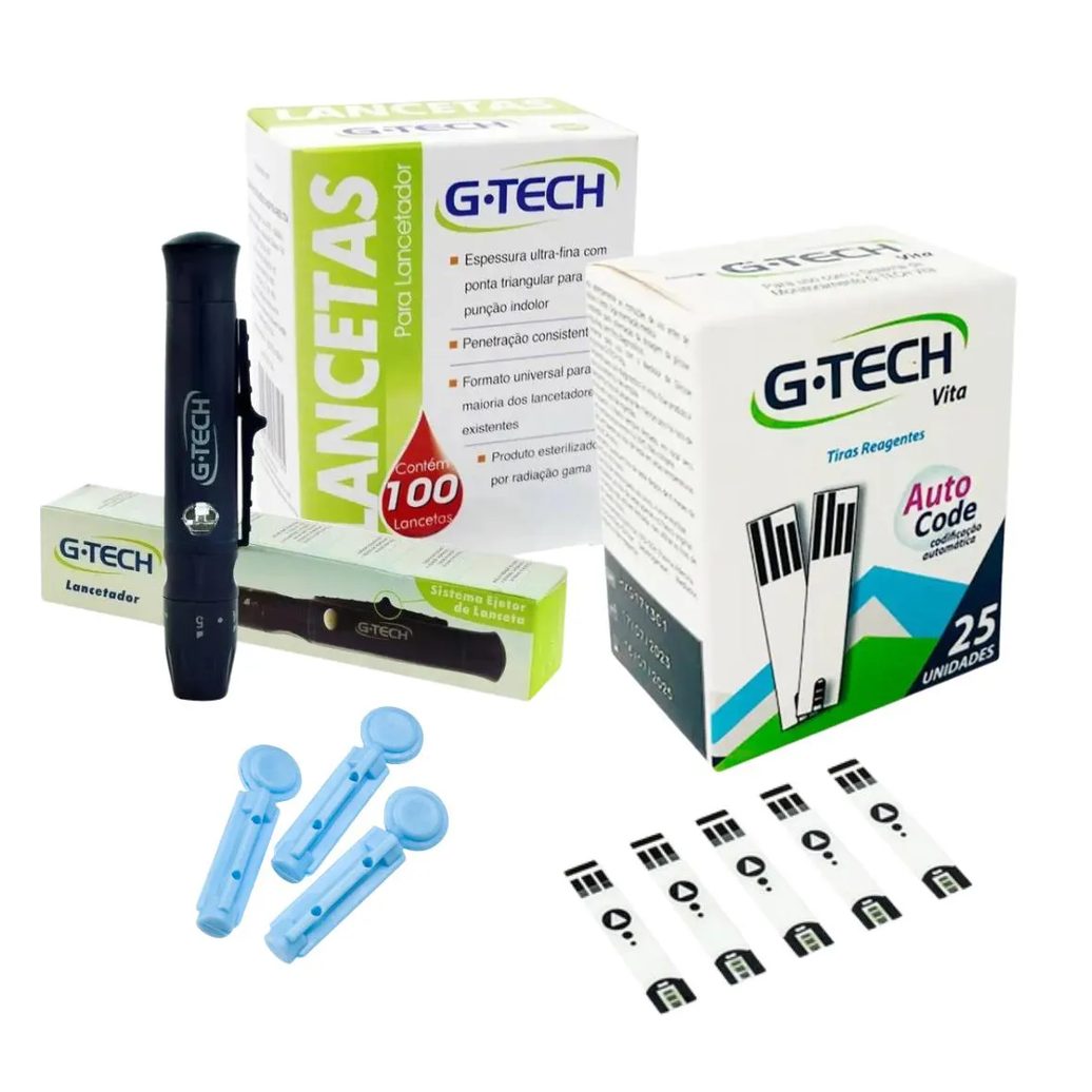 Kit G-Tech 100 Lanceta + Caneta Lancetadora + 50 Tira Reagente Vita