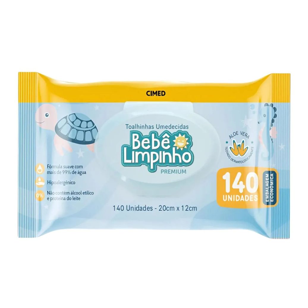 Toalhas Umedecidas 140 Unidades Bebê Limpinho Cimed Lenço sem Álcool Aloe Vera