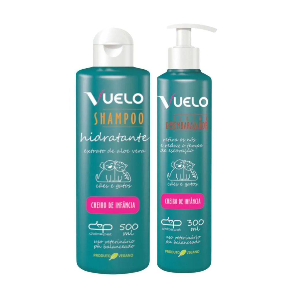 Kit Vuelo Shampoo Hidratante + Fluido Desembaraçador Cheiro de Infância Cães e Gatos