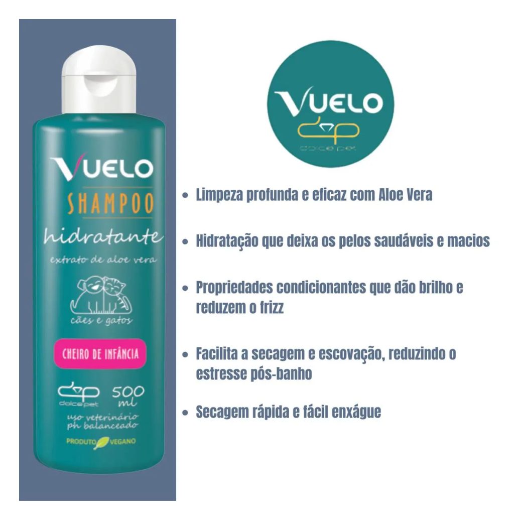 Kit Vuelo Shampoo Hidratante + Fluido Desembaraçador Cheiro de Infância Cães e Gatos