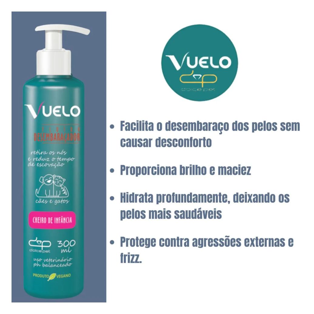 Kit Vuelo Shampoo Hidratante + Fluido Desembaraçador Cheiro de Infância Cães e Gatos